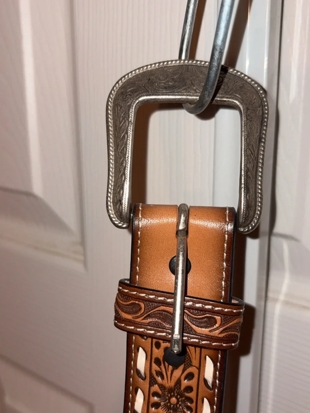 Men’s Tan Leather Western Belt with Decorative Silver Buckle